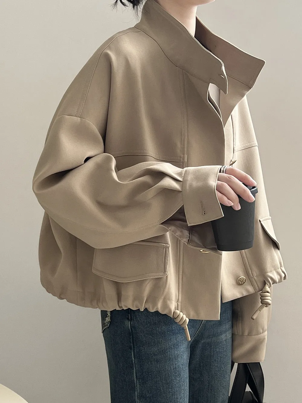 [Korean Style] High Quality Drawstring Standing Collar Jacket Crop Jacket