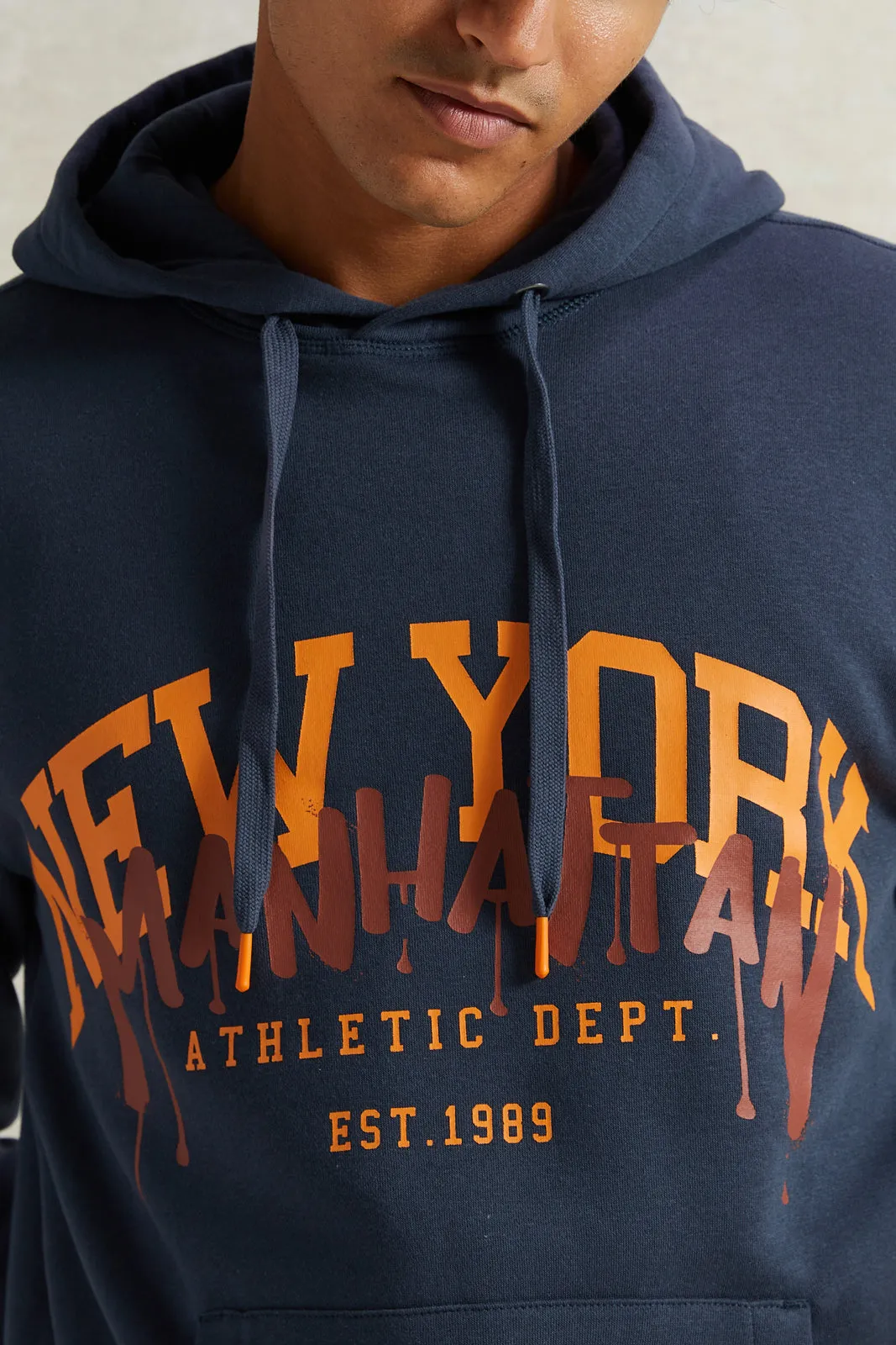 Men Grey New York Print Hoodie