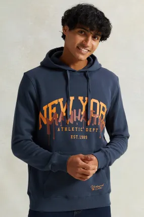 Men Grey New York Print Hoodie