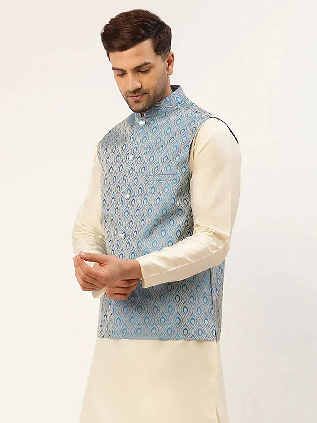 Men Sky Blue Woven Design Nehru Jacket