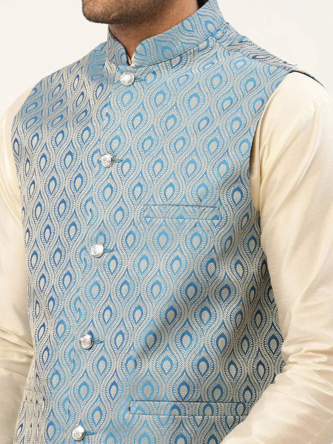 Men Sky Blue Woven Design Nehru Jacket