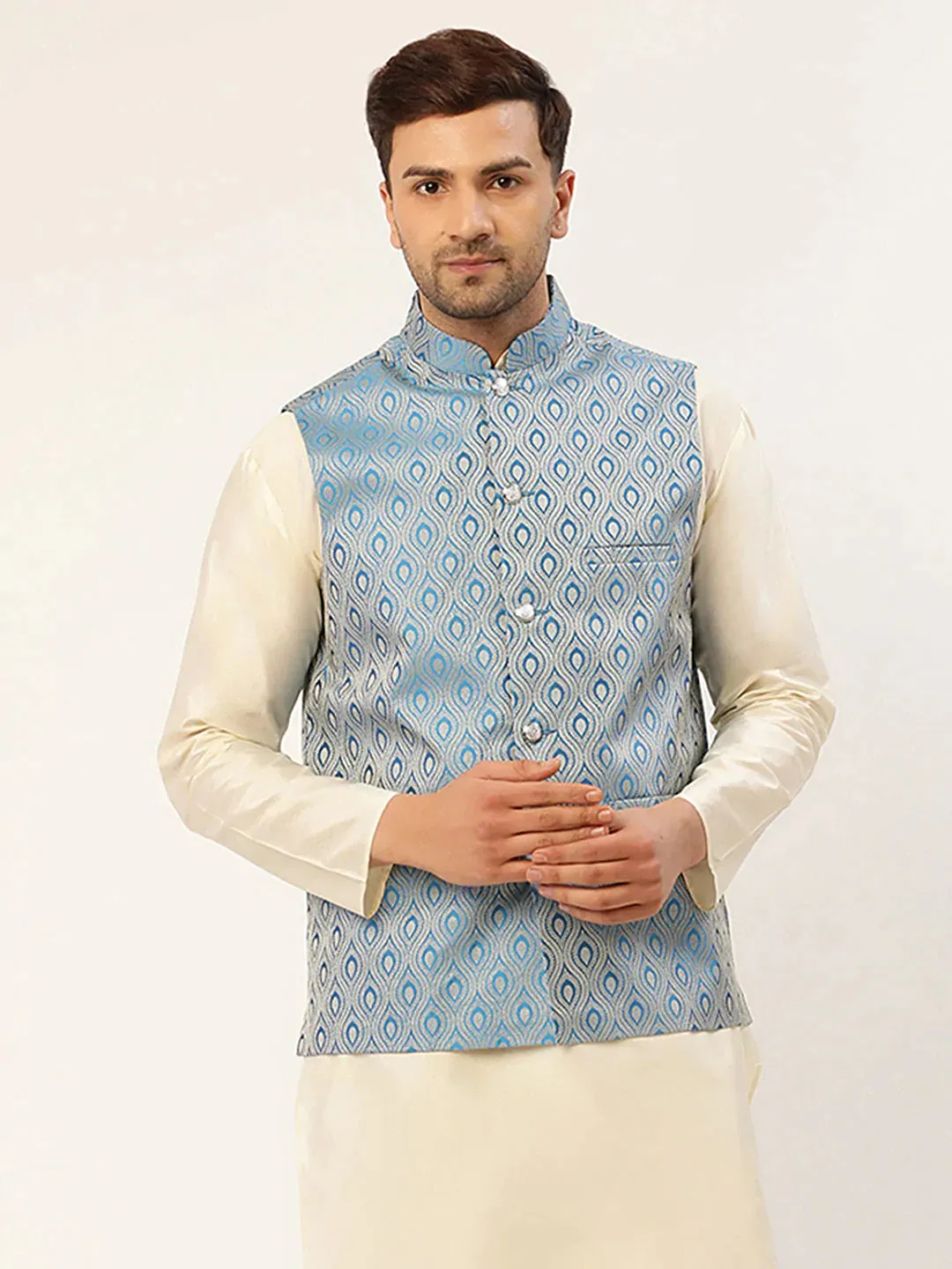 Men Sky Blue Woven Design Nehru Jacket