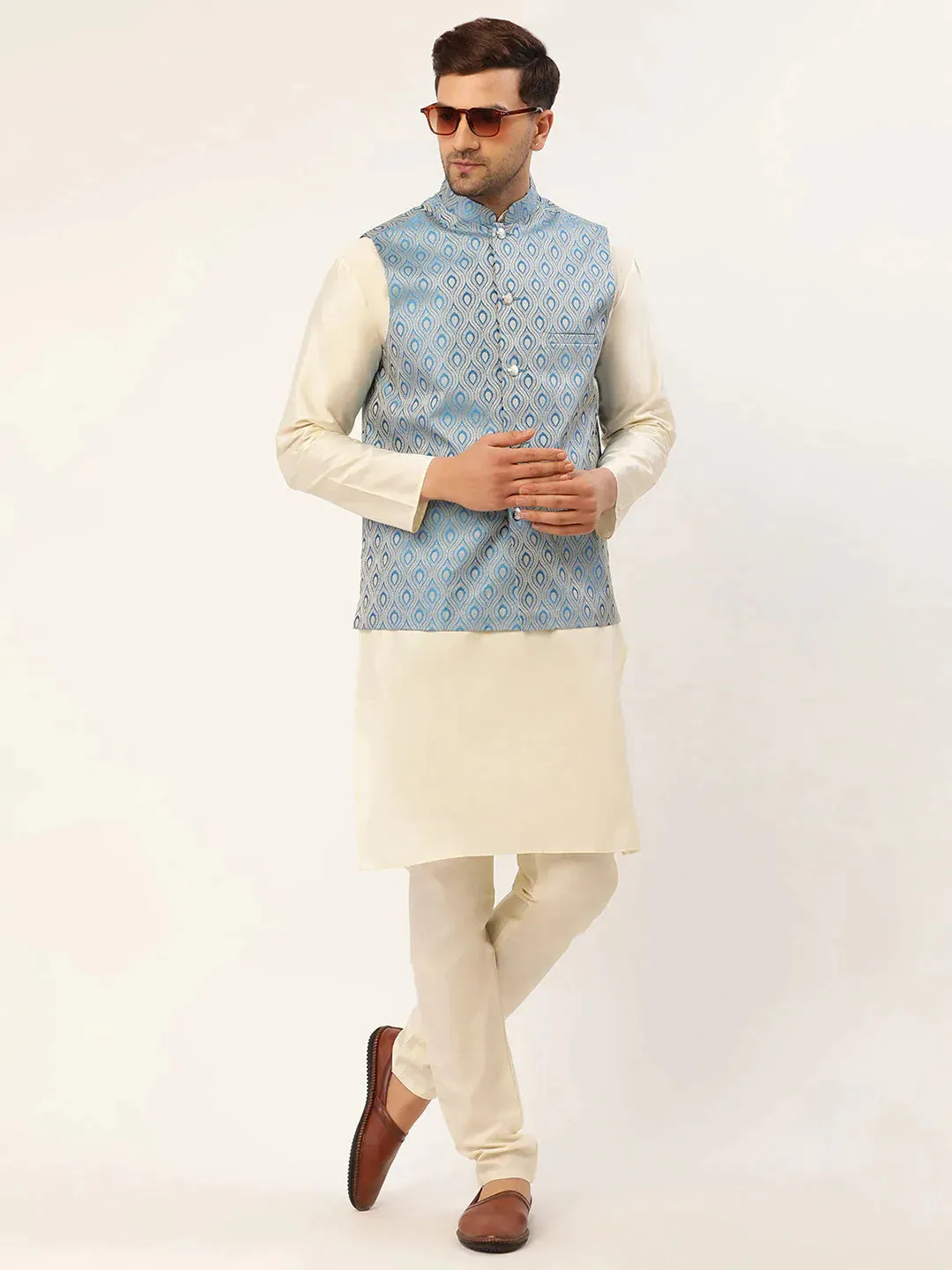 Men Sky Blue Woven Design Nehru Jacket