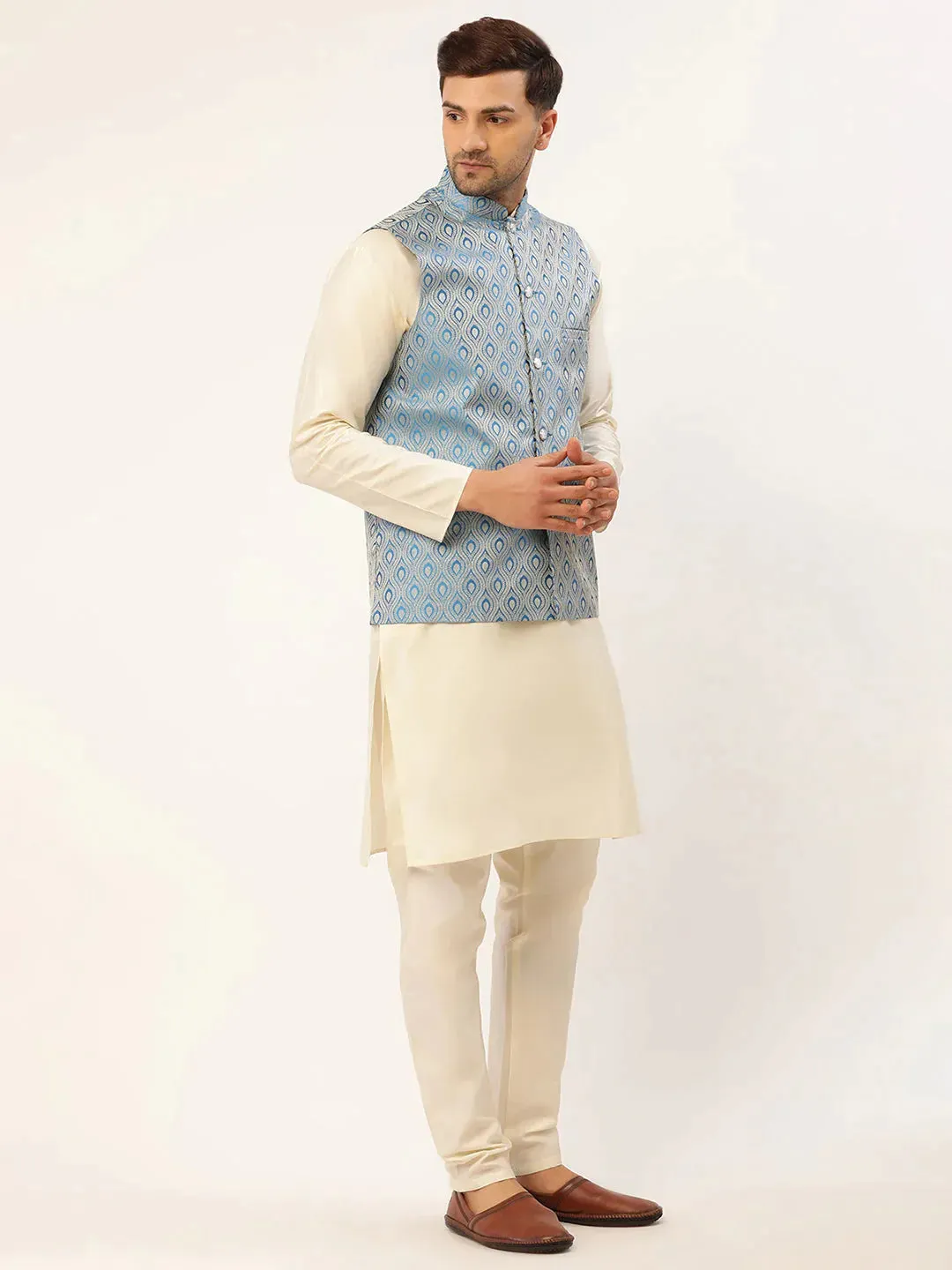 Men Sky Blue Woven Design Nehru Jacket