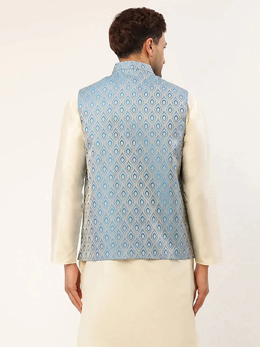 Men Sky Blue Woven Design Nehru Jacket