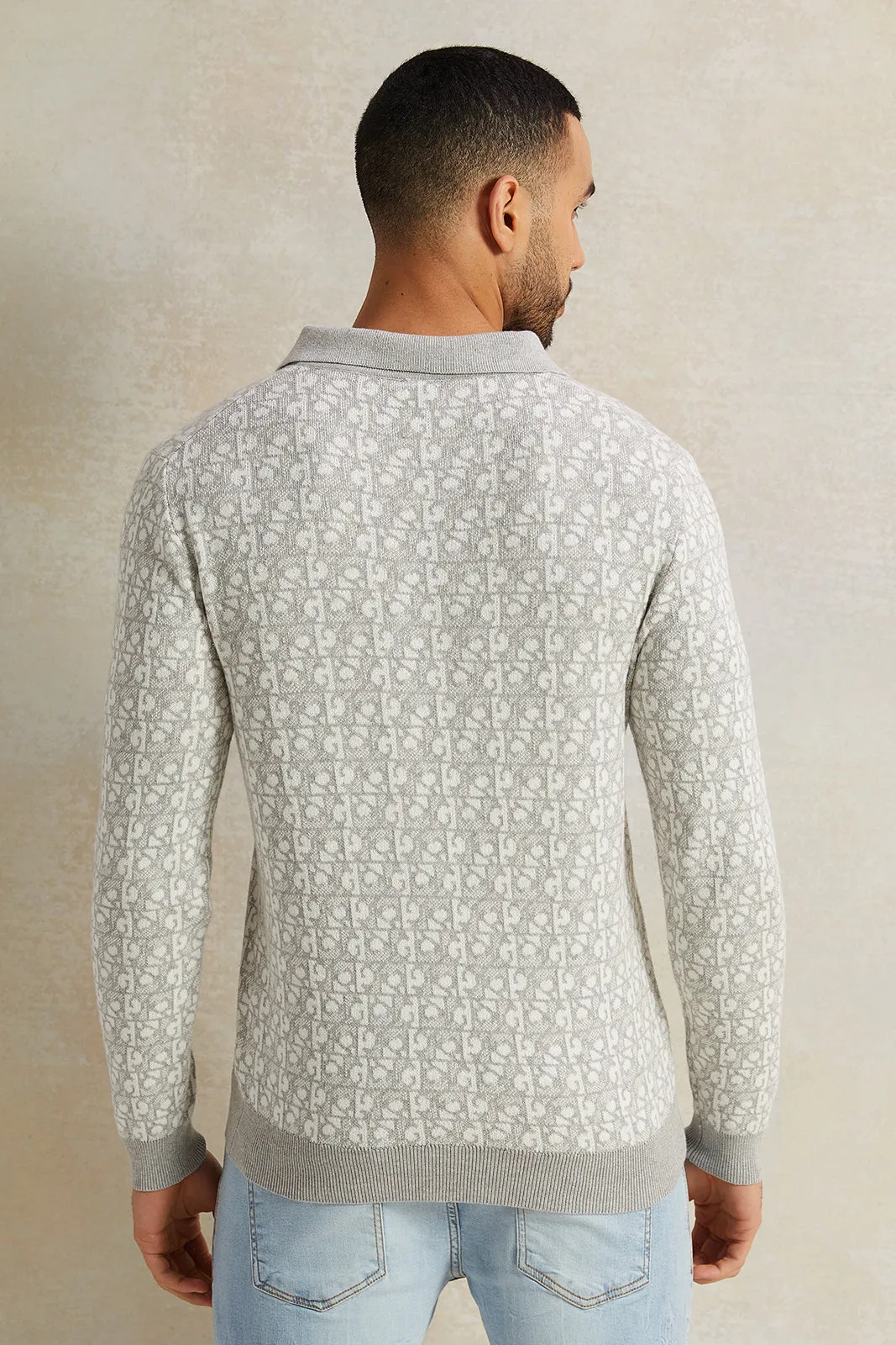 Men White And Grey Polo Collar Knitted Pullover