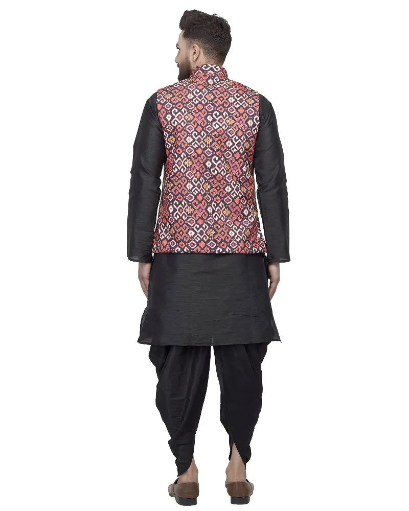 Men's Black Kurta With Dhoti & Navy Blue Printed Nehru Jacket - Benstoke