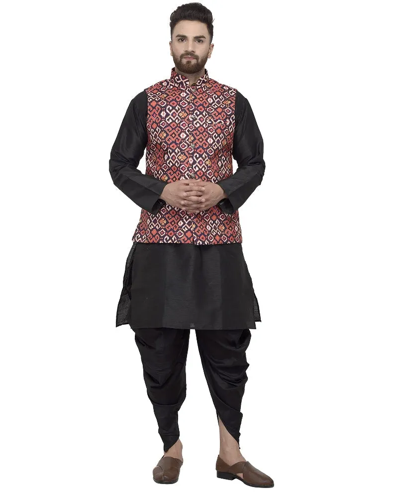 Men's Black Kurta With Dhoti & Navy Blue Printed Nehru Jacket - Benstoke