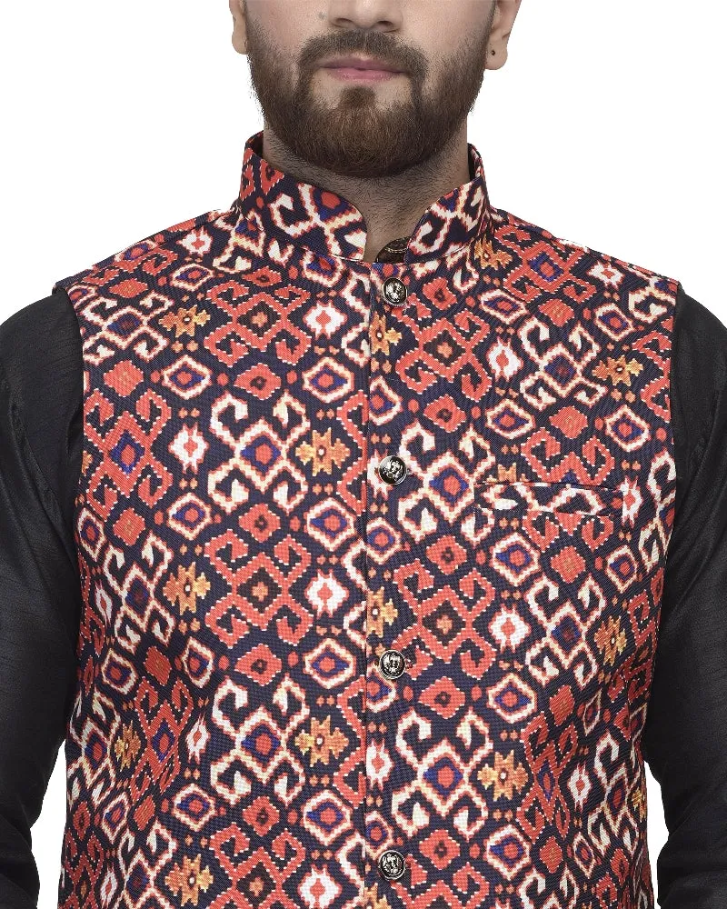 Men's Black Kurta With Dhoti & Navy Blue Printed Nehru Jacket - Benstoke