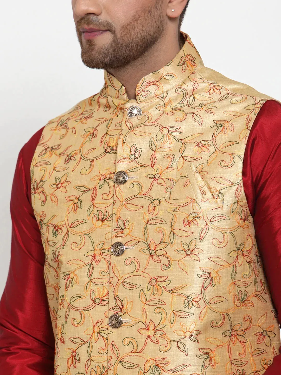 Men'S Gold Embroidered Nehru Jacket