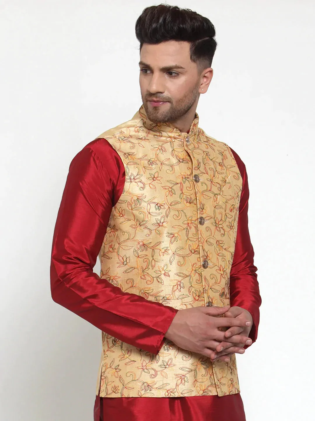 Men'S Gold Embroidered Nehru Jacket