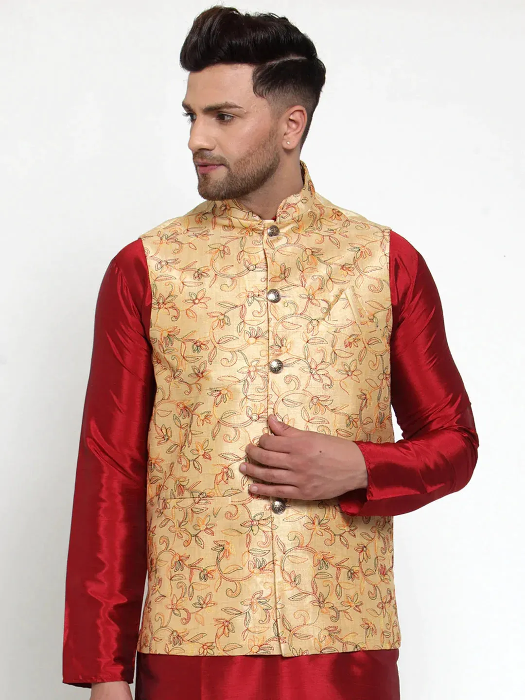 Men'S Gold Embroidered Nehru Jacket