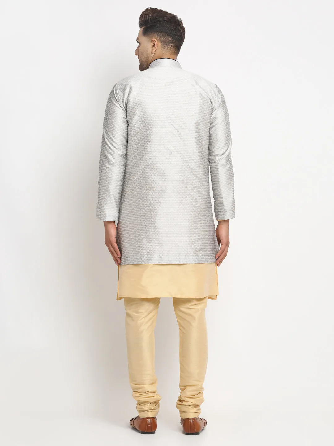 Men's Gold Kurta With Pyjama & Grey Self Design Jacket - Benstoke