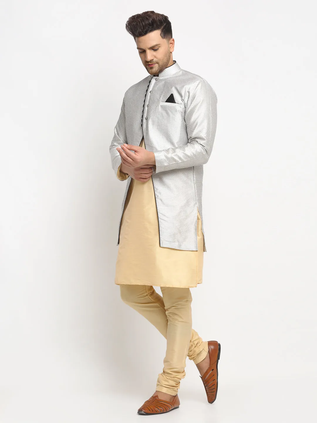 Men's Gold Kurta With Pyjama & Grey Self Design Jacket - Benstoke