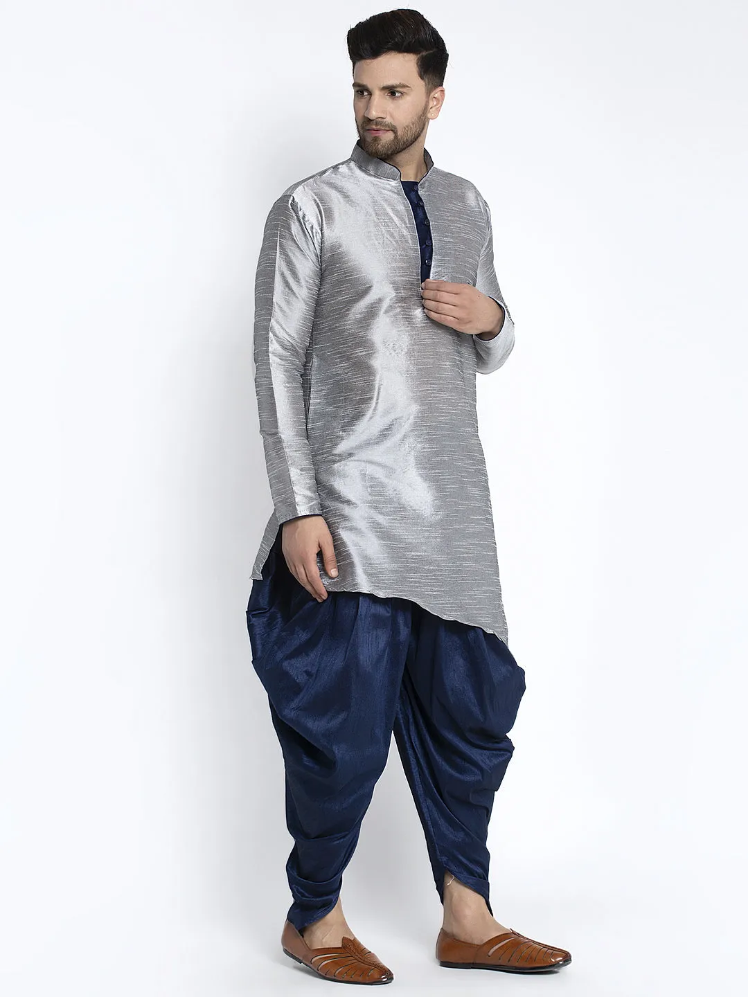 Men's Grey Solid Kurta With Navy Blue Dhoti Pant - Benstoke