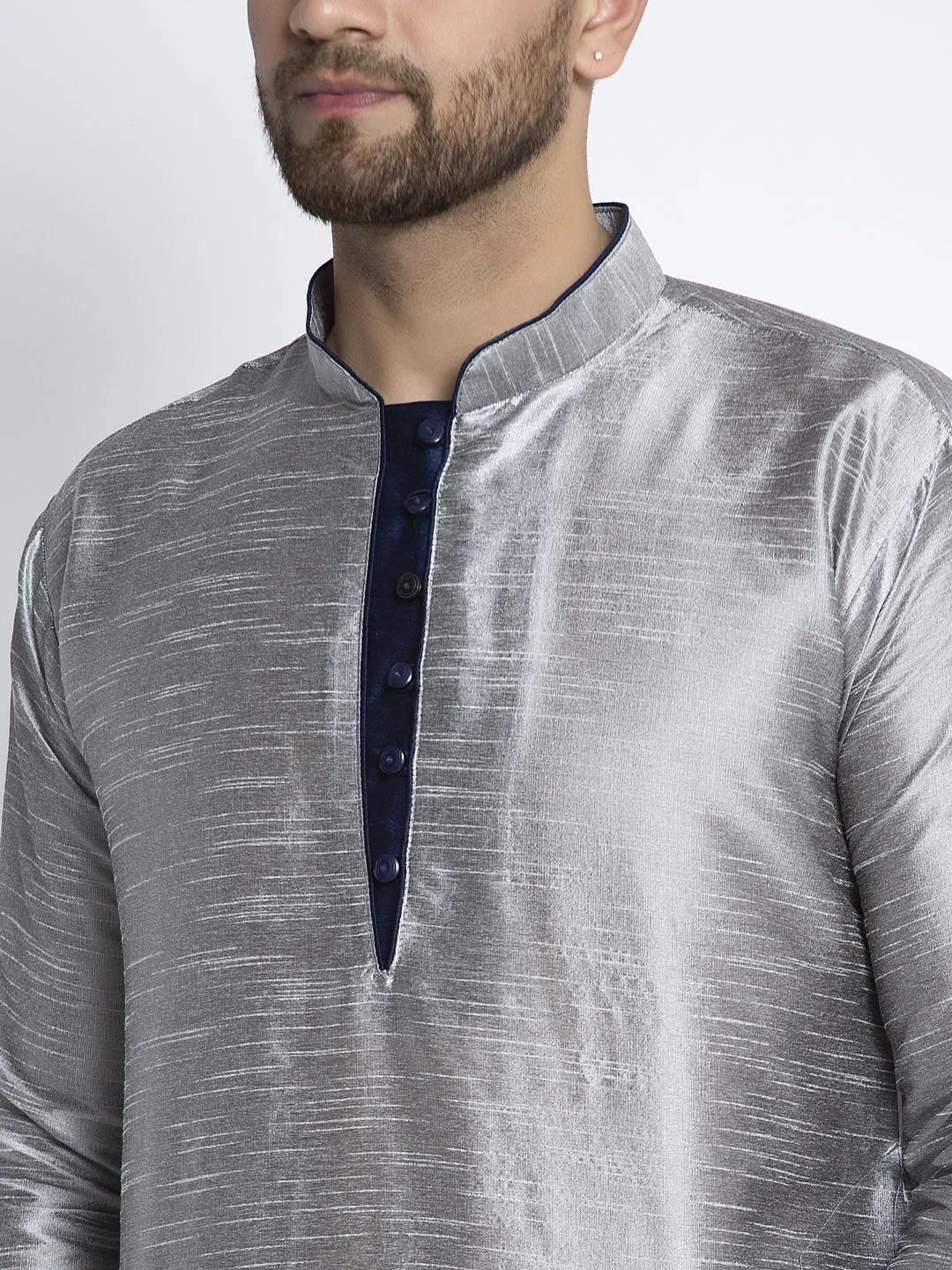 Men's Grey Solid Kurta With Navy Blue Dhoti Pant - Benstoke