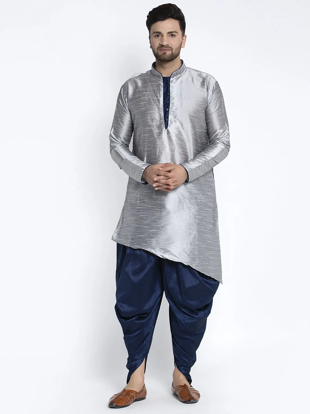 Men's Grey Solid Kurta With Navy Blue Dhoti Pant - Benstoke