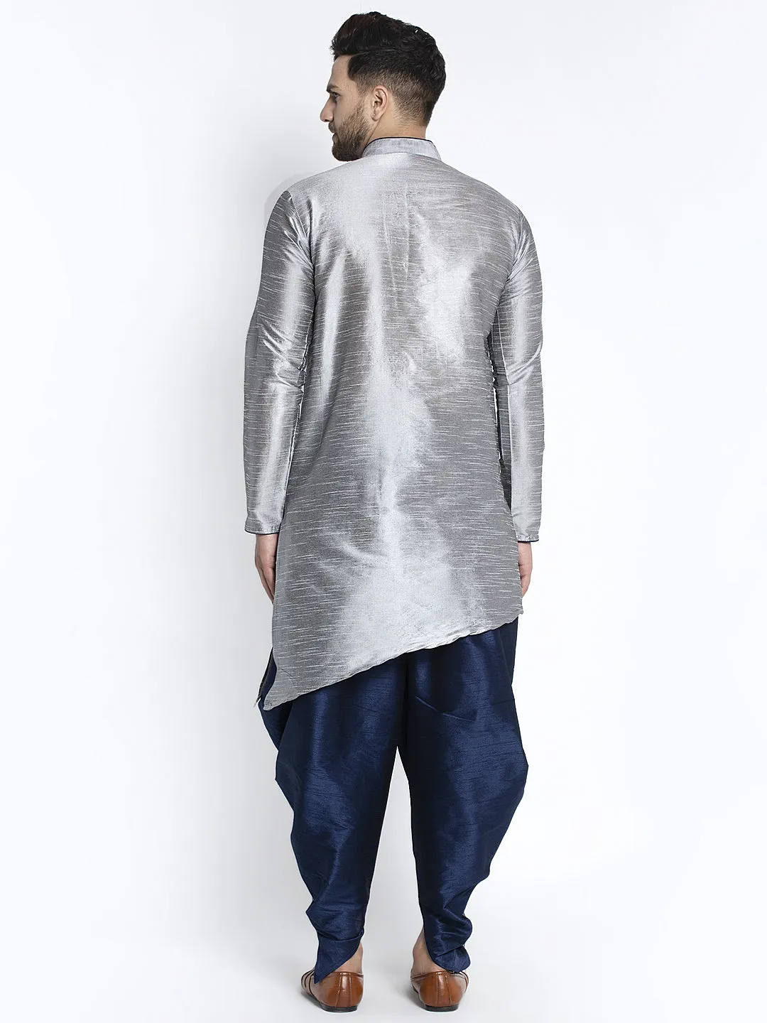 Men's Grey Solid Kurta With Navy Blue Dhoti Pant - Benstoke