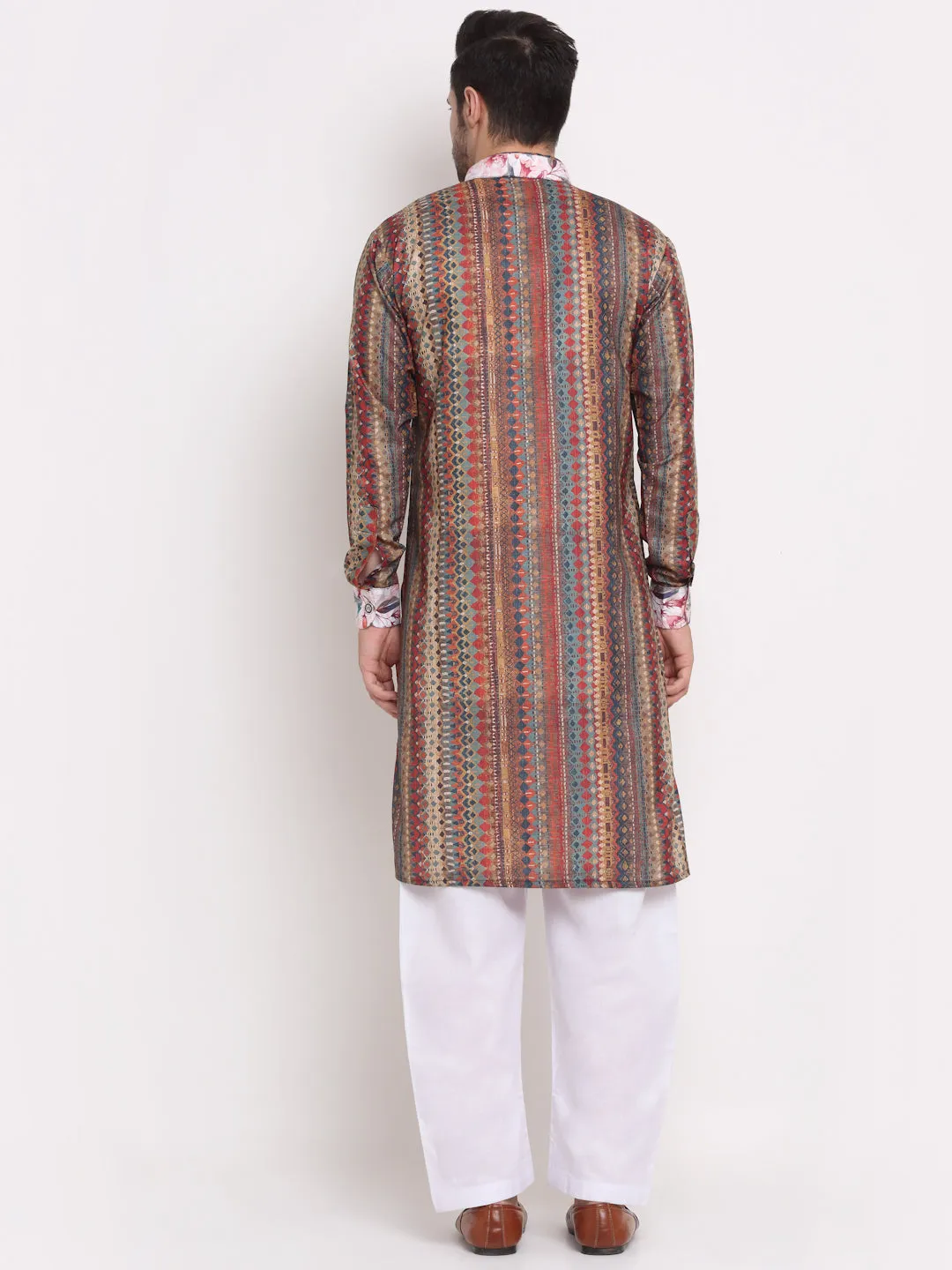 Men's Multi Printed Kurta With White Pyjamas Set - Benstoke