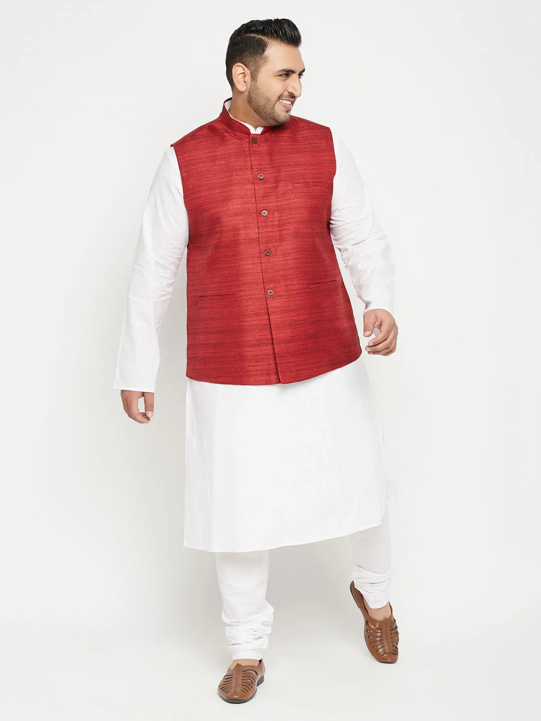 Men's Plus White, Maroon And White Cotton Blend Jacket Kurta Pyjama Set - Vastramay