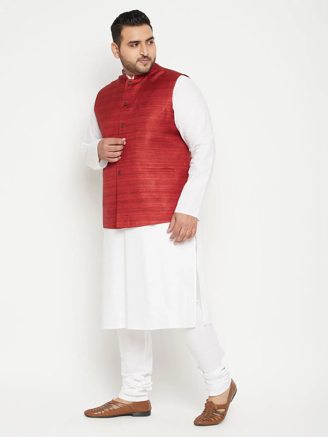 Men's Plus White, Maroon And White Cotton Blend Jacket Kurta Pyjama Set - Vastramay