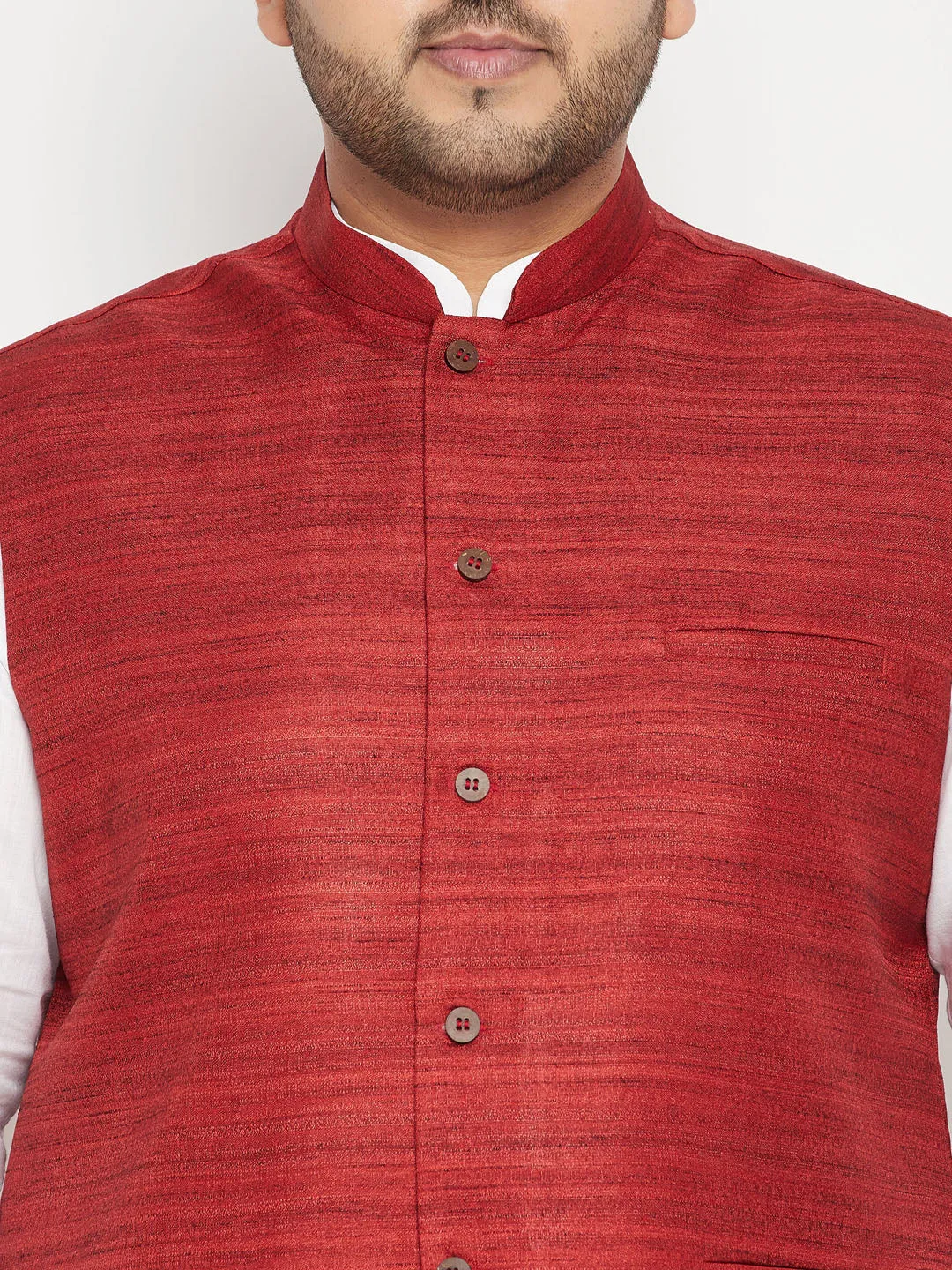 Men's Plus White, Maroon And White Cotton Blend Jacket Kurta Pyjama Set - Vastramay