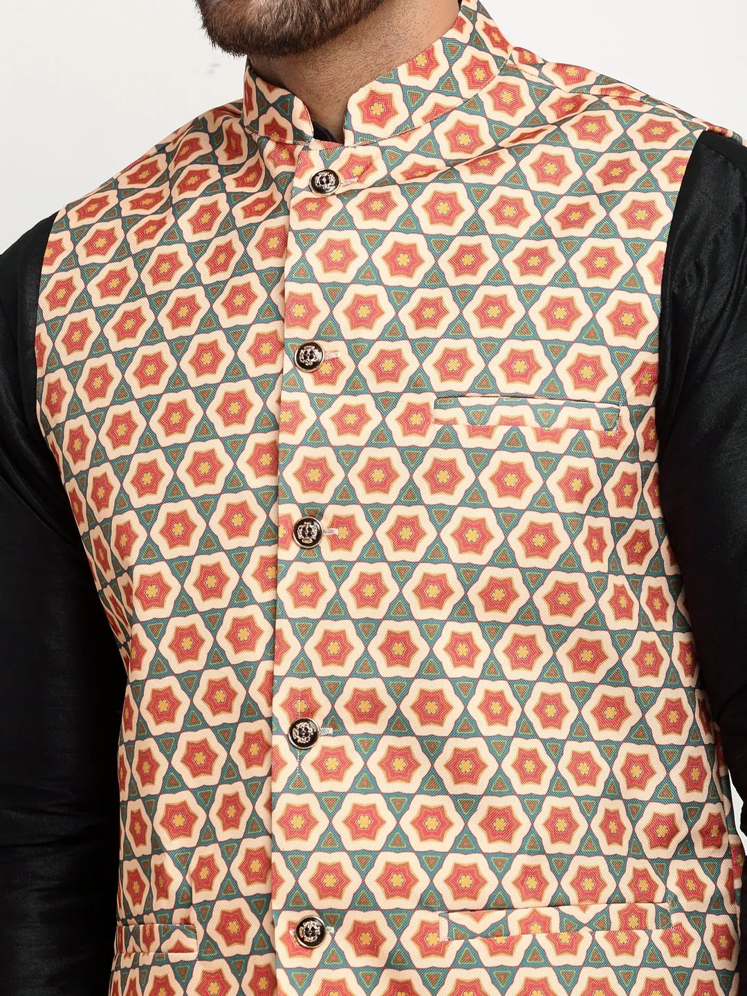 Men's Silk Blend Black Kurta With Pyjama & Olive Green Printed Nehru Jacket - Benstoke