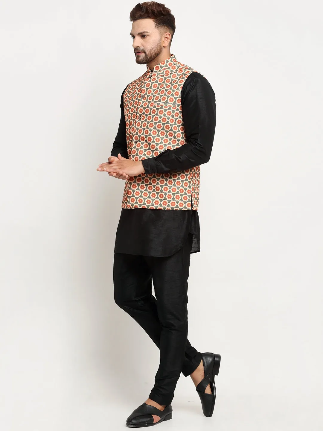 Men's Silk Blend Black Kurta With Pyjama & Olive Green Printed Nehru Jacket - Benstoke