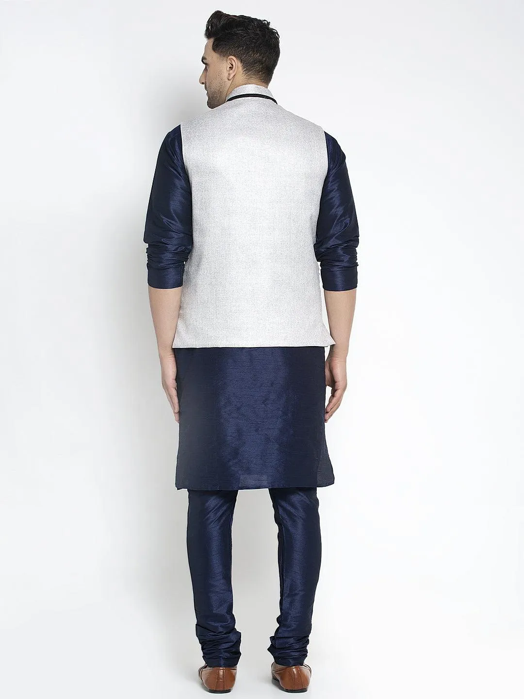 Men's Silk Blend Navy Blue Kurta With Pyjama & Grey Nehru Jacket - Benstoke