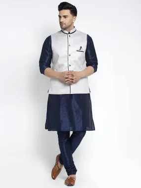 Men's Silk Blend Navy Blue Kurta With Pyjama & Grey Nehru Jacket - Benstoke