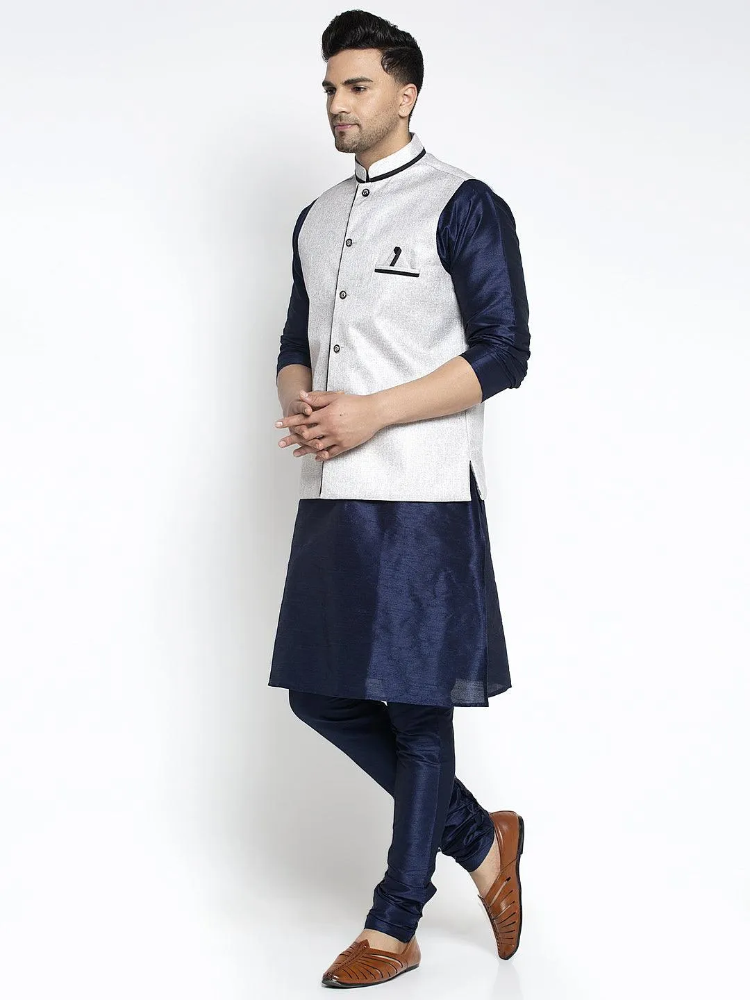 Men's Silk Blend Navy Blue Kurta With Pyjama & Grey Nehru Jacket - Benstoke