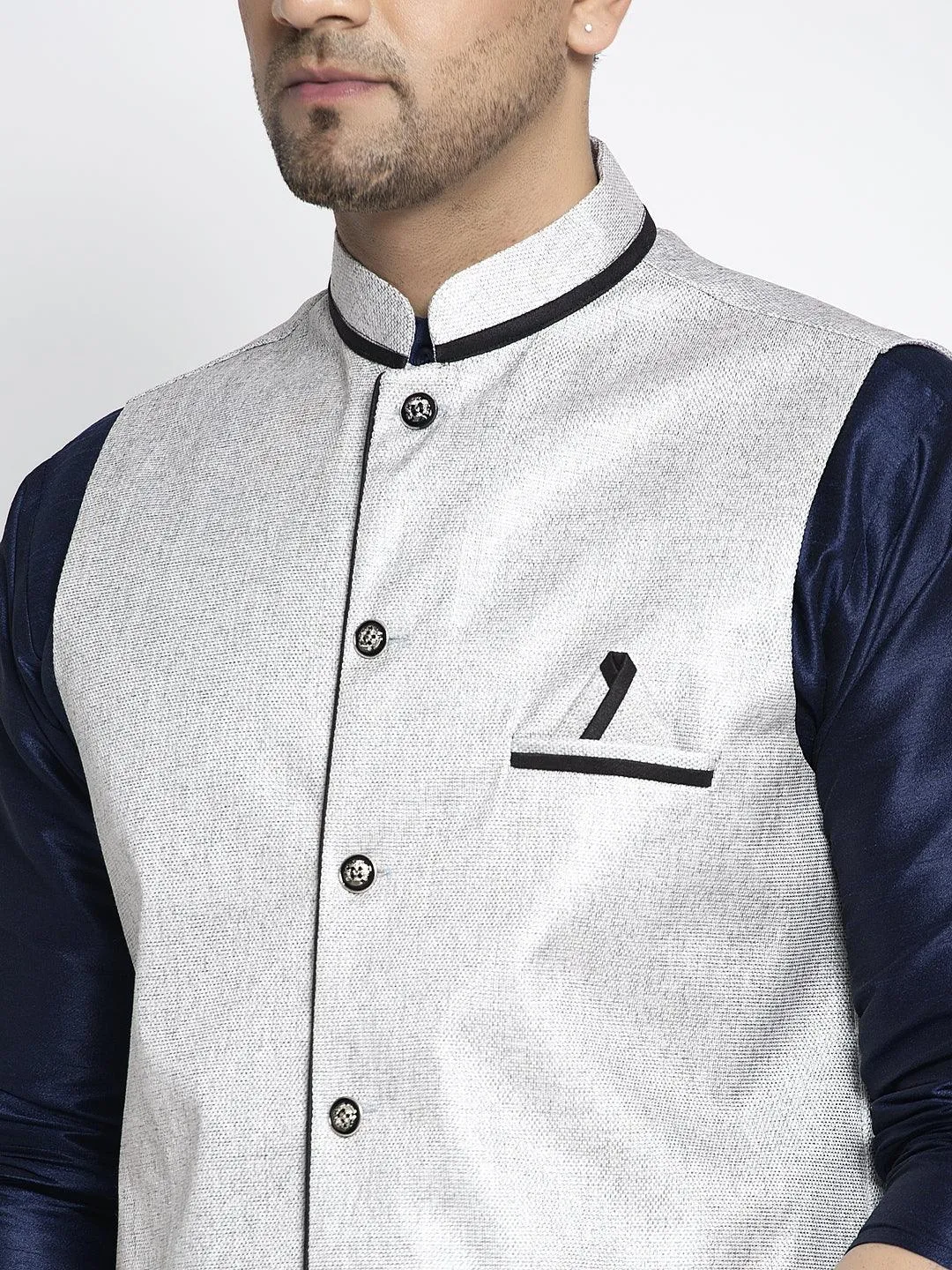 Men's Silk Blend Navy Blue Kurta With Pyjama & Grey Nehru Jacket - Benstoke