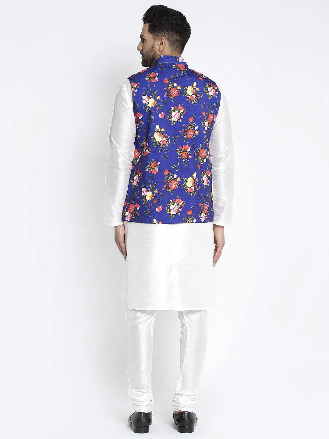 Men's Silk Blend White Kurta With Pyjama & Royal Blue Printed Nehru Jacket - Benstoke