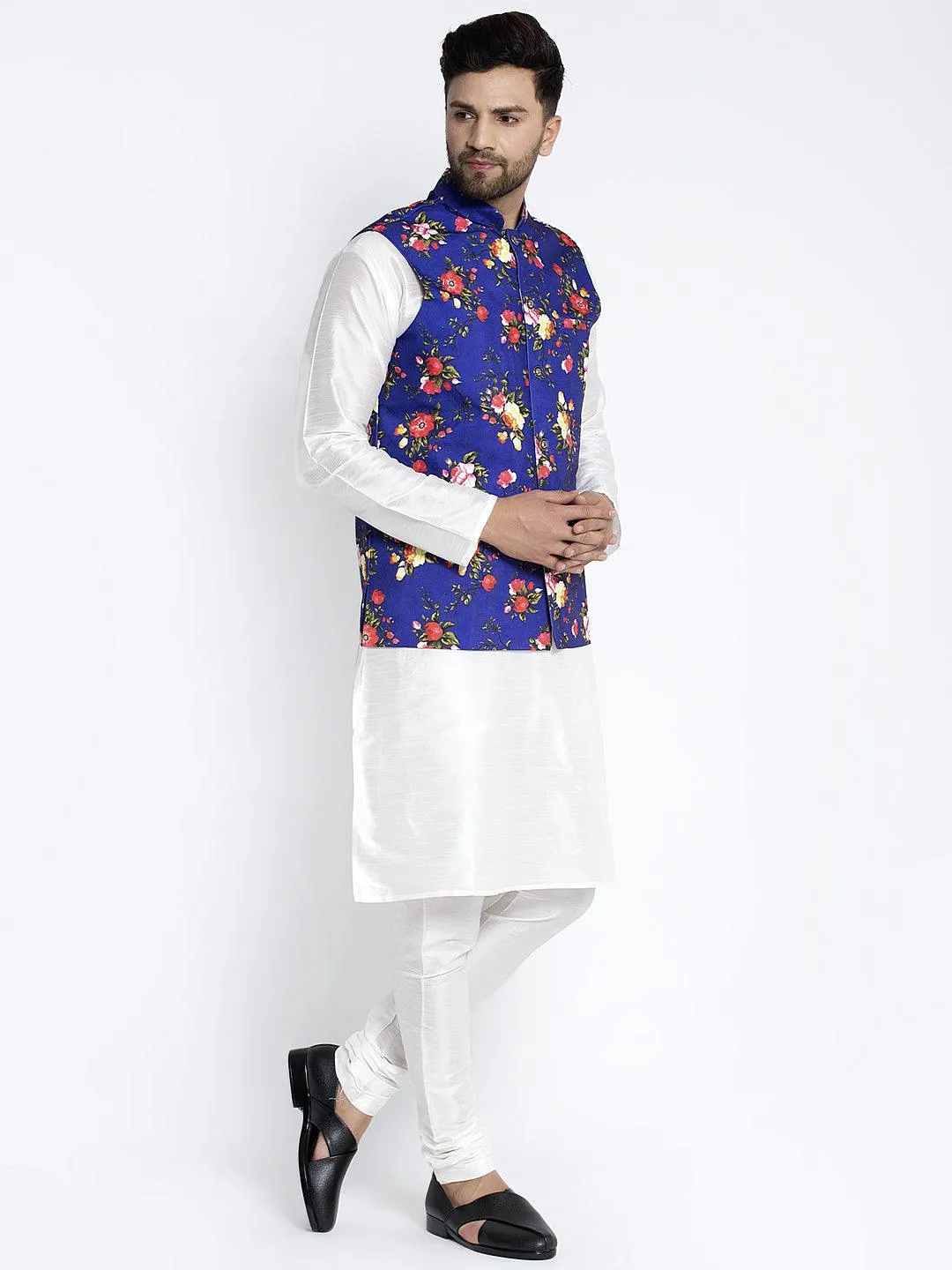 Men's Silk Blend White Kurta With Pyjama & Royal Blue Printed Nehru Jacket - Benstoke