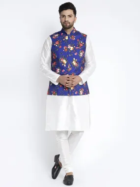 Men's Silk Blend White Kurta With Pyjama & Royal Blue Printed Nehru Jacket - Benstoke