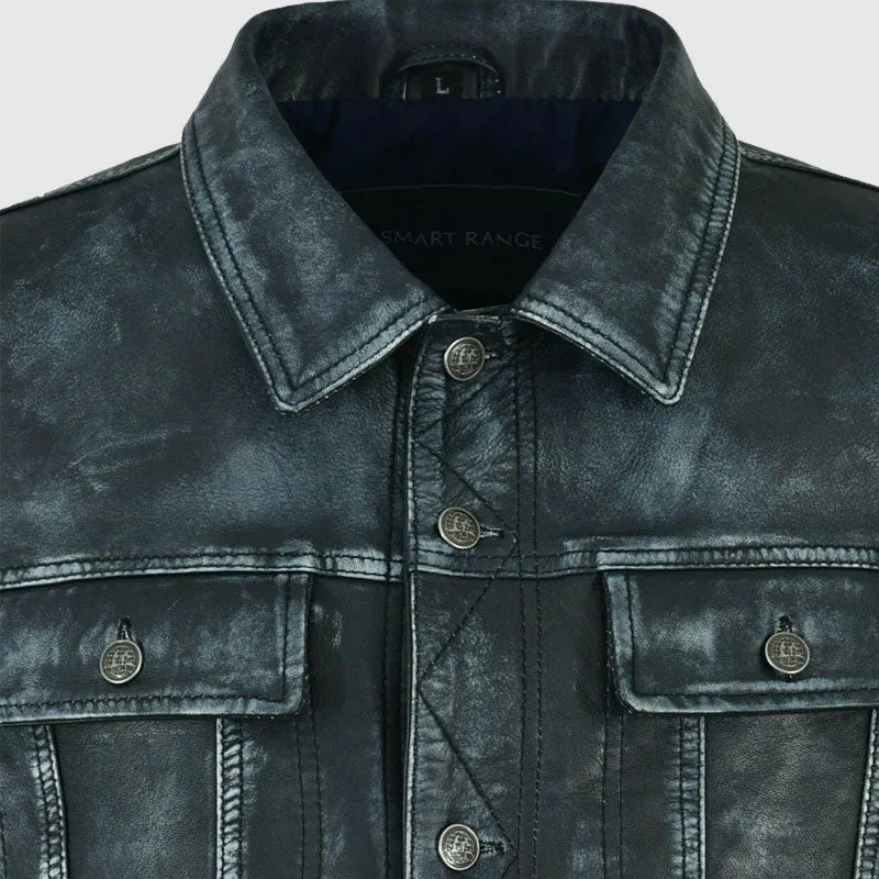 Mens Trucker Jacket Navy Vintage Real Leather Bikers Classic Western Jacket 1280