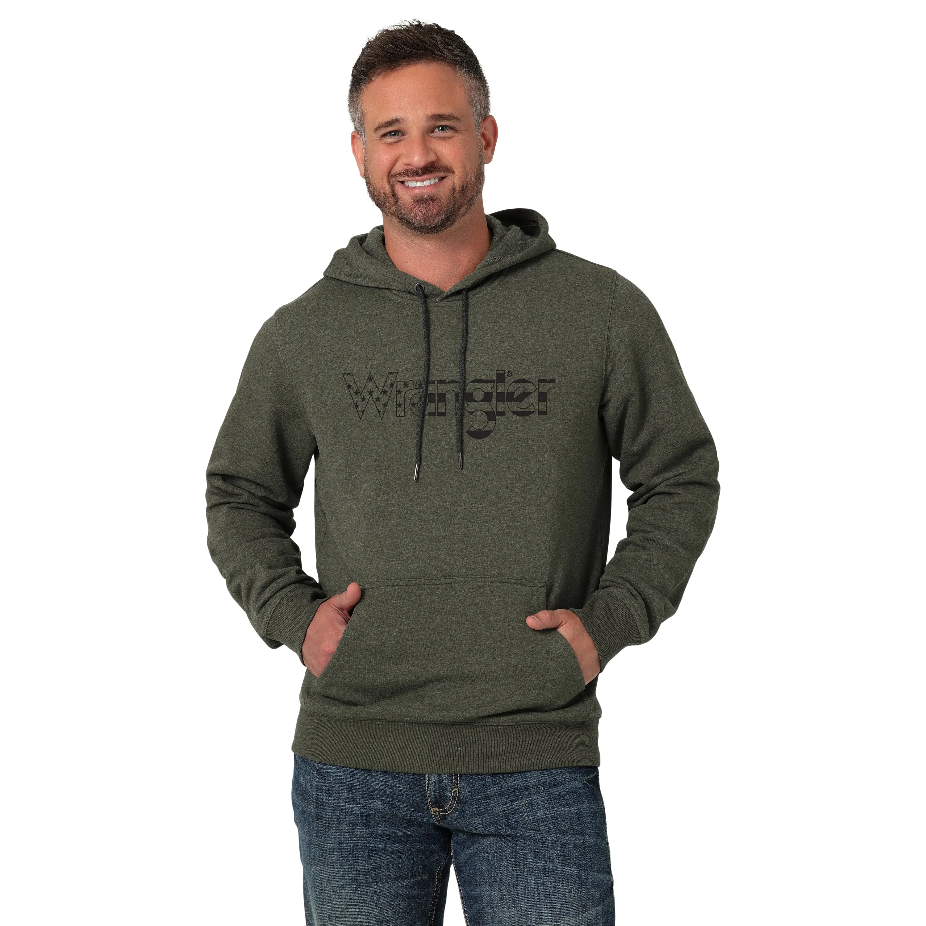 Men's Wrangler Deep Heather Green Hoodie with Wrangler Stars and Stripes Logo