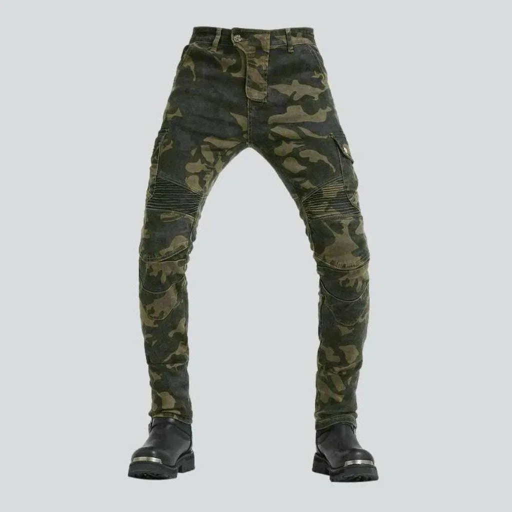 Military color men's biker jeans