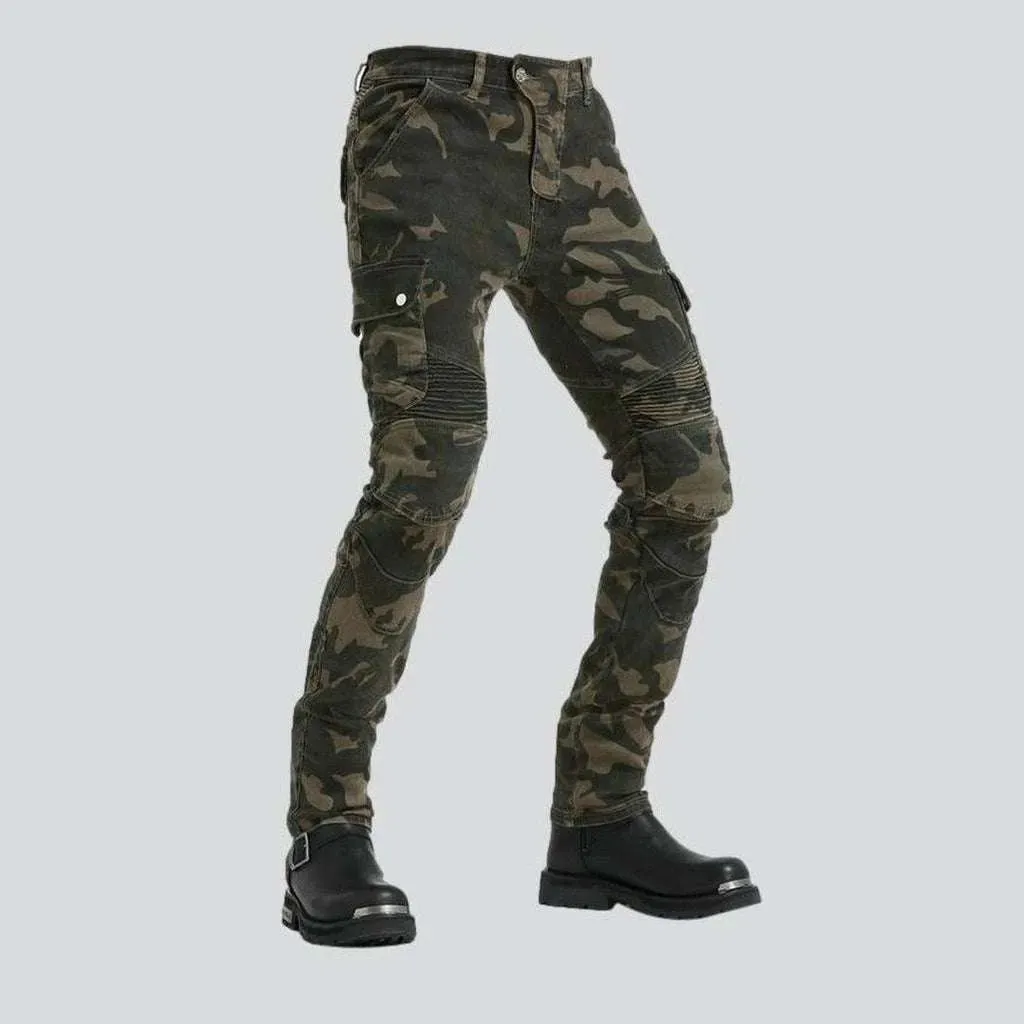 Military color men's biker jeans