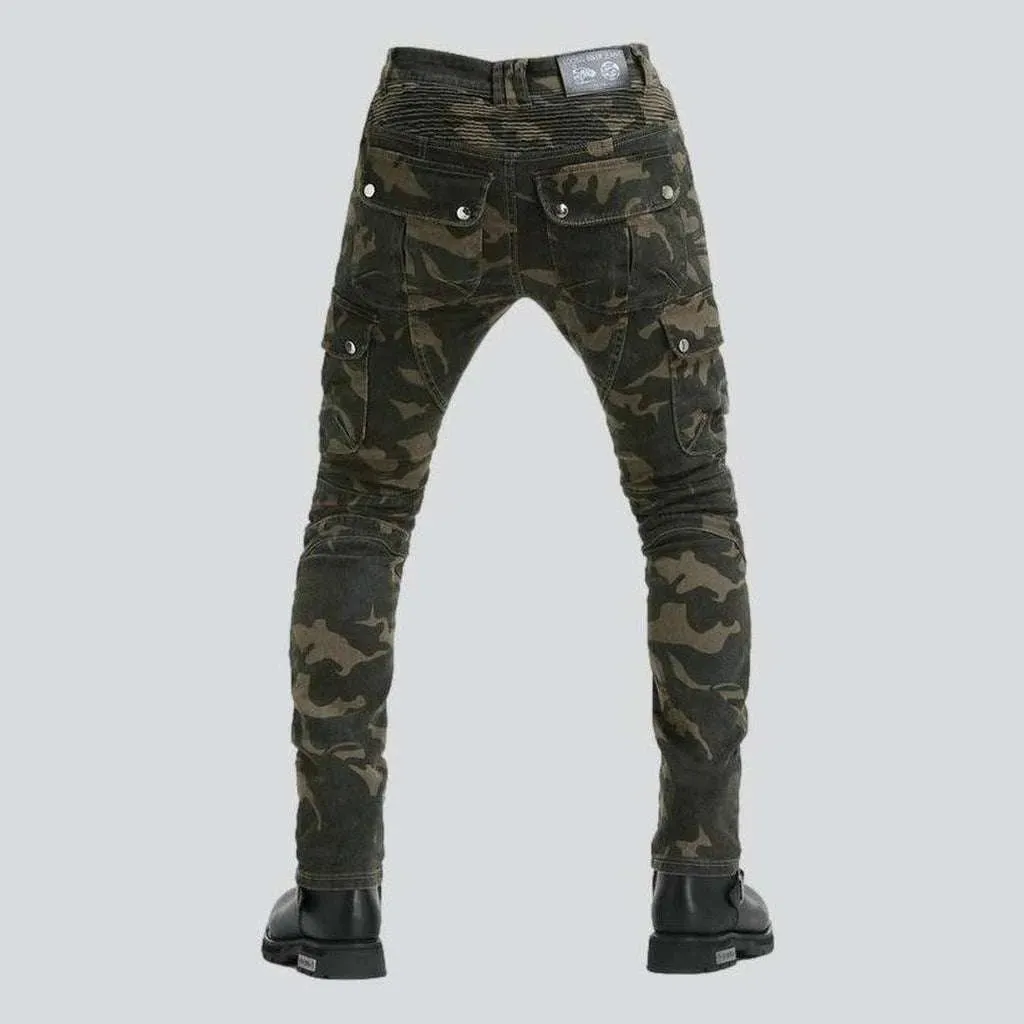 Military color men's biker jeans