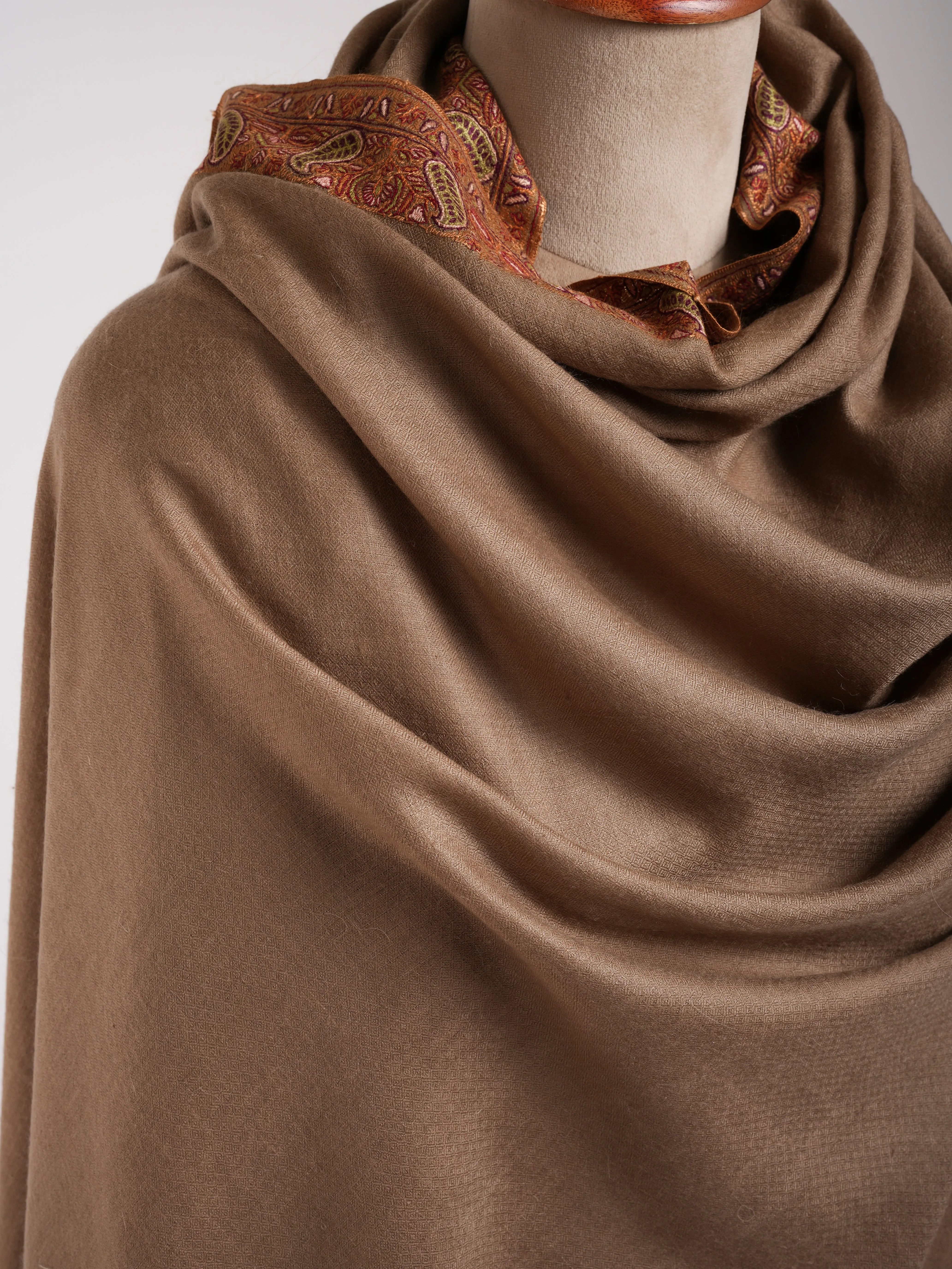 Mocha Mouse Sozni Daur Dar XL Kashmiri Pashmina Shawl