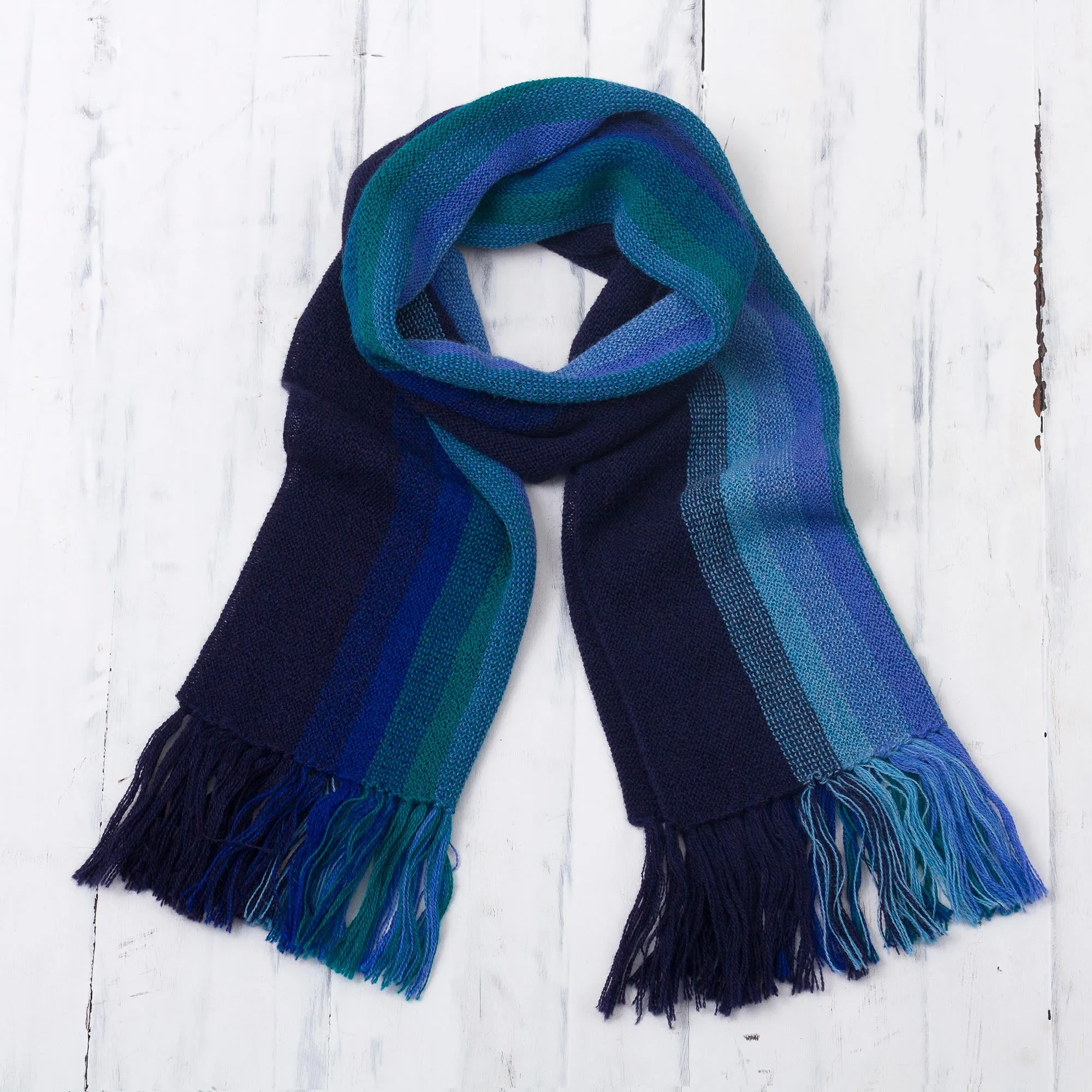 Multicolor Blue and Teal Striped 100% Alpaca Knit Scarf - Evening Sky Stripes | NOVICA