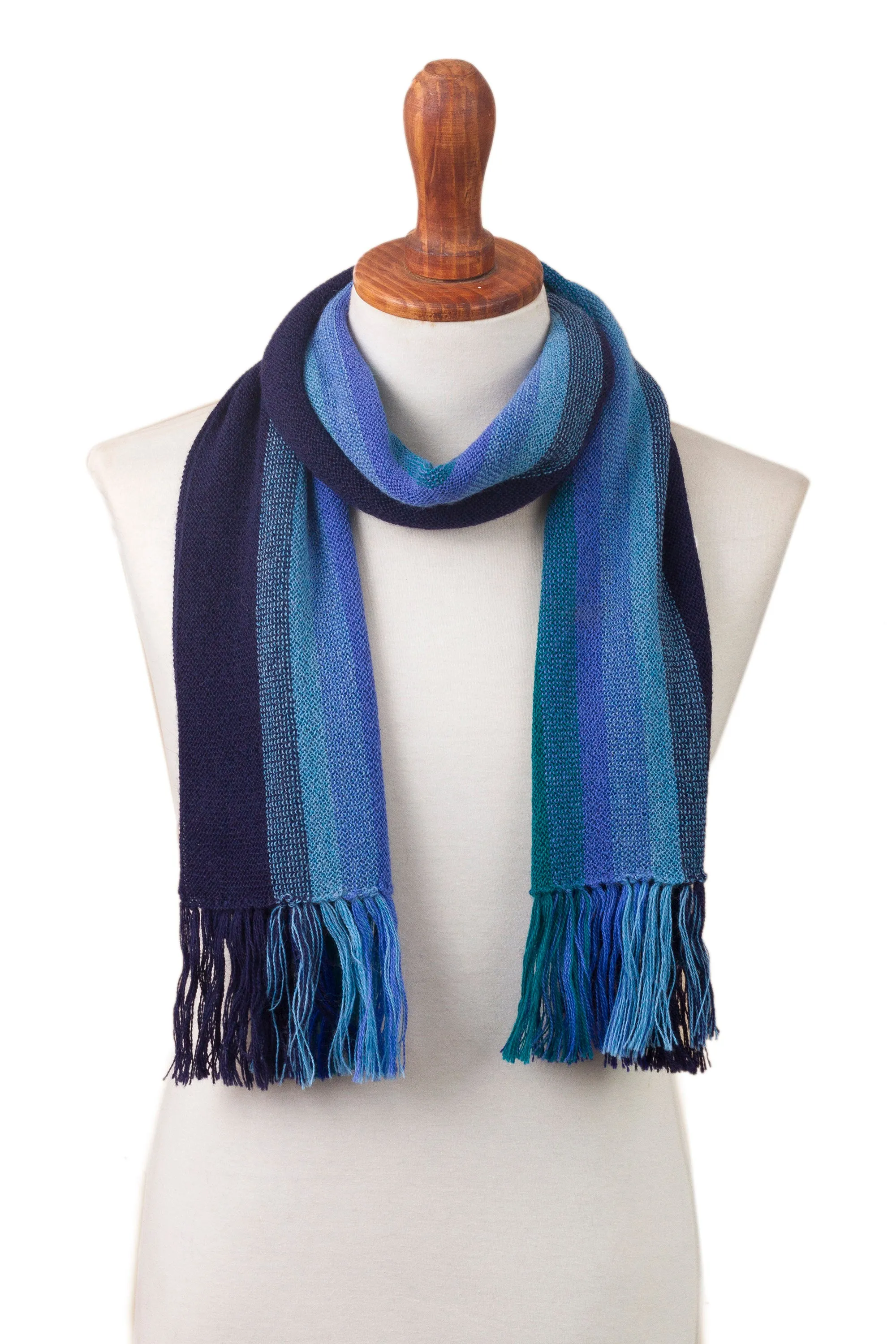 Multicolor Blue and Teal Striped 100% Alpaca Knit Scarf - Evening Sky Stripes | NOVICA