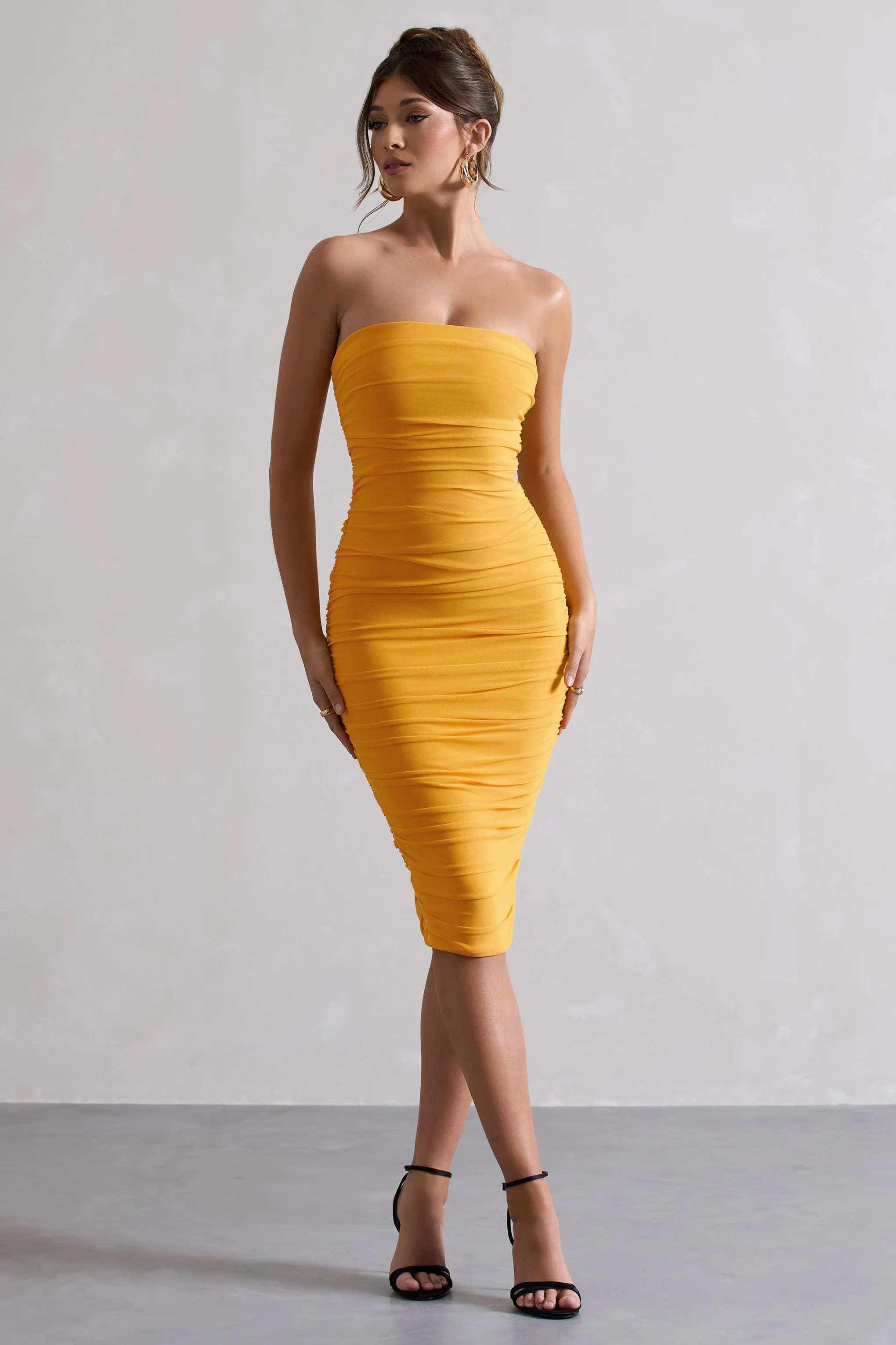 My Girl | Mango Strapless Bodycon Ruched Mesh Midi Dress