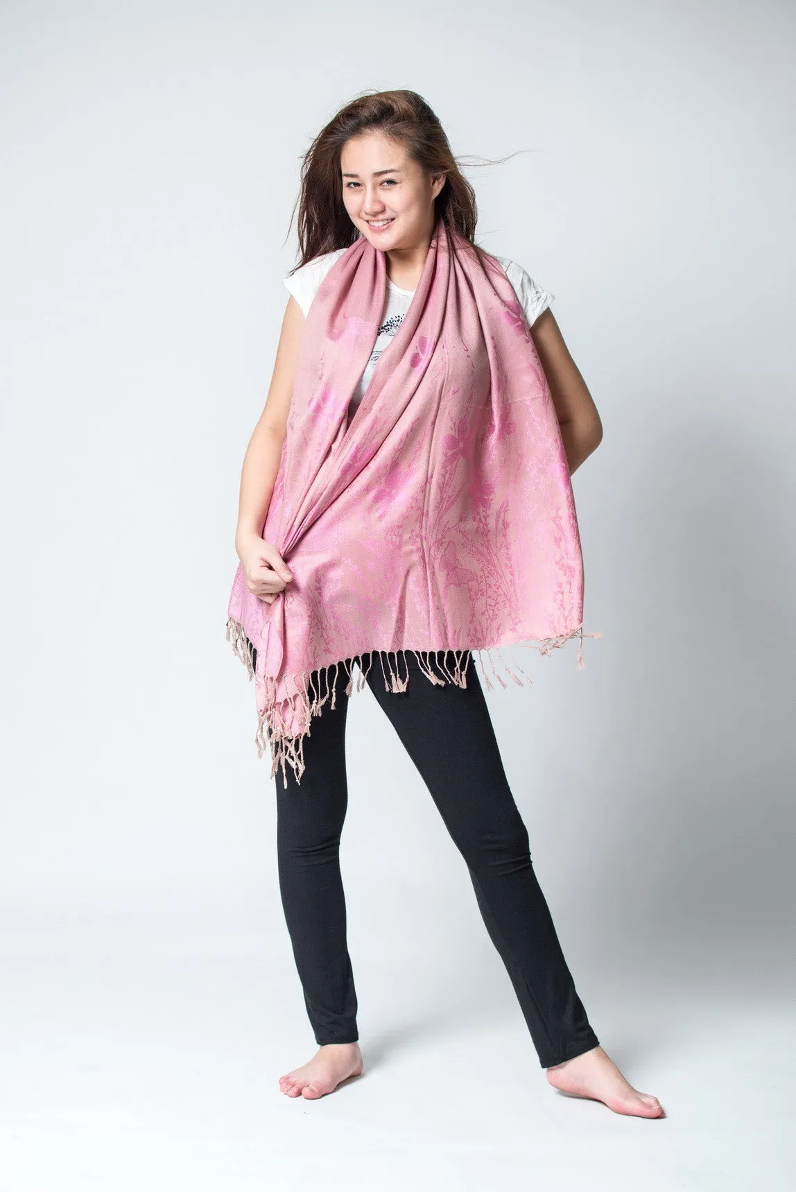 Nepal Floral Butterfly Pashmina Shawl Scarf in Pink