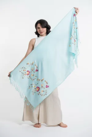 Nepal Floral Embroidered Pashmina Shawl Scarf in Blue