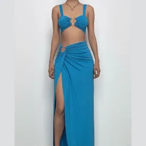 O ring ruched crop high slit cami maxi skirt set