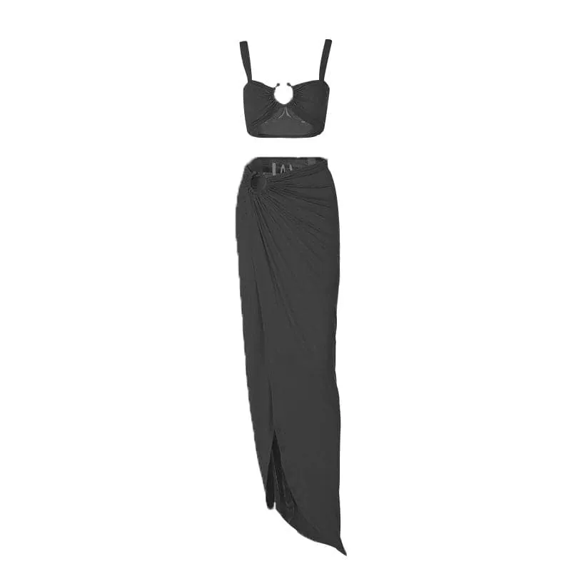 O ring ruched crop high slit cami maxi skirt set