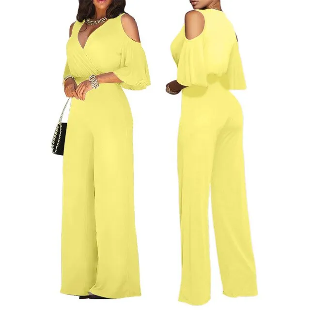 Off Shoulder Flare Sleeve Wide Leg Pants Jumpsuit Elegant Loose Romper