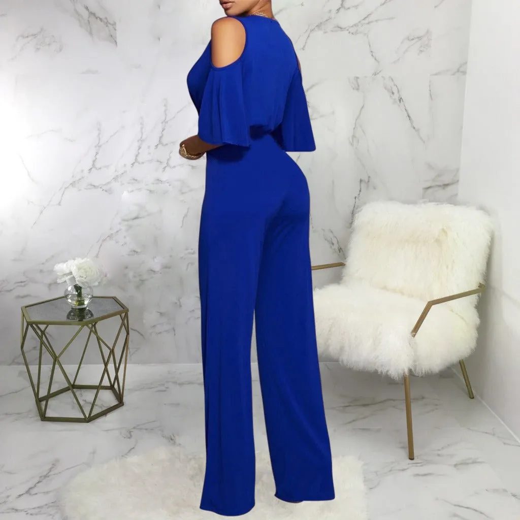 Off Shoulder Flare Sleeve Wide Leg Pants Jumpsuit Elegant Loose Romper